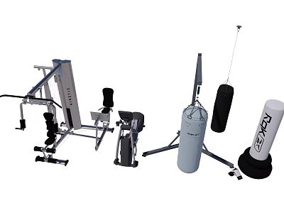 Variety of Sports Equipment Including Punching Bags Weight Benches and Fitness Gear 3d model