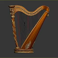 Classical Wooden Harp as Decorative Household Item with Carved Details and Red Strings