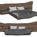 Modern Double Bed With Wooden Headboard Nightstands Bedside Lamps Gray Blanket And White Pillows