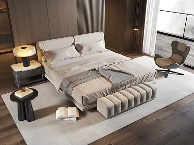 Modern Double Bed Interior With Nightstand Table Lamp Ottoman Armchair And Wooden Floor 3d model