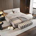 Modern Double Bed Interior With Nightstand Table Lamp Ottoman Armchair And Wooden Floor