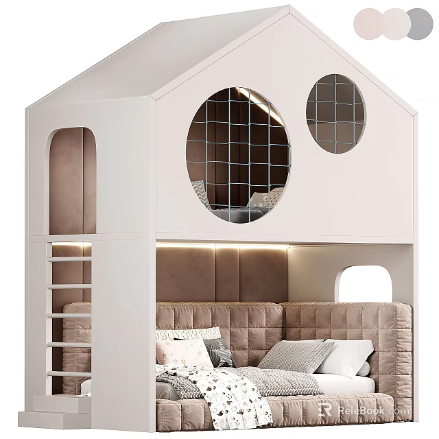 House Shaped White Bunk Bed With Round Windows Ladder And Upholstered Bed 3d model