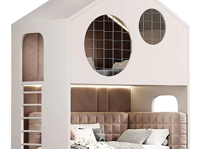 House Shaped White Bunk Bed With Round Windows Ladder And Upholstered Bed 3d model