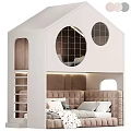 House Shaped White Bunk Bed With Round Windows Ladder And Upholstered Bed 3d model