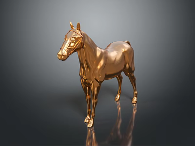 Shiny Golden Horse Statue With Metallic Finish And Reflective Base Standing On Dark Background 3d model