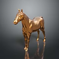Shiny Golden Horse Statue With Metallic Finish And Reflective Base Standing On Dark Background