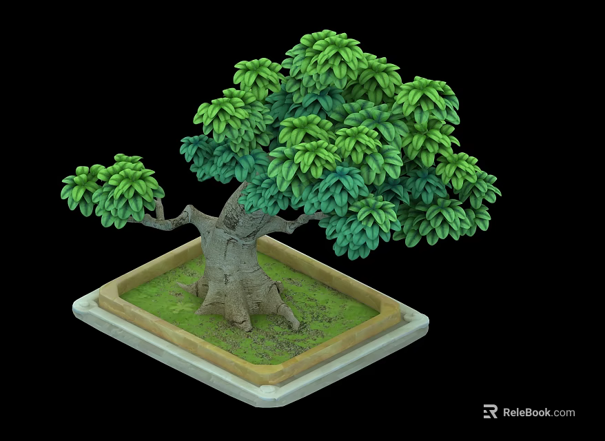 Bonsai Tree With Green Leaves And Thick Trunk In Square Pot With Grass 3d model 