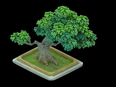 Bonsai Tree With Green Leaves And Thick Trunk In Square Pot With Grass 3d model