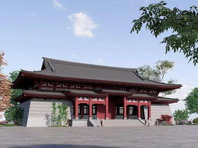 Traditional Chinese Ancient Architecture with Red Doors Columns Black Tiled Roof and Overhanging Eaves Under Blue Sky 3d model