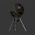 Outdoor BBQ Grill With Open Lid And Grilling Meat On Metal Stand