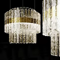Modern Crystal Chandelier With Gold Accent Strips And Transparent Glass Columns