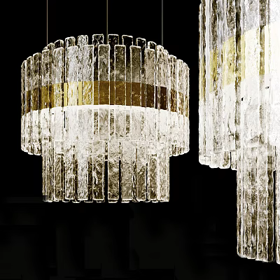 Modern Crystal Chandelier With Gold Accent Strips And Transparent Glass Columns 3d model