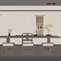 Japanese Style Tea Room With Long Wooden Table Tea Utensils Scroll Decoration And Plants