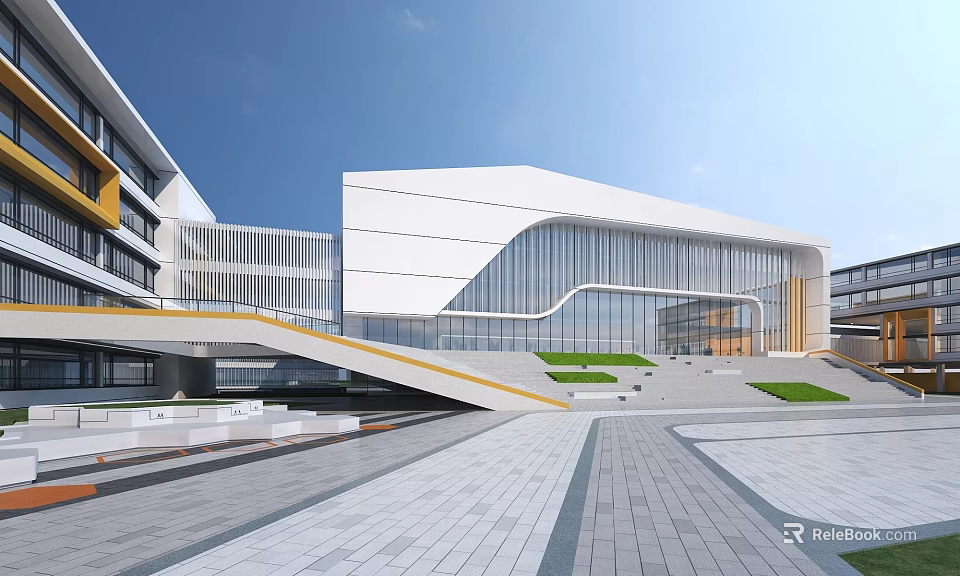 Modern School Building With Geometric Design Glass Facade And Outdoor Plaza Steps 3d model 