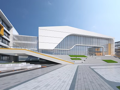 Modern School Building With Geometric Design Glass Facade And Outdoor Plaza Steps 3d model