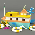 Cartoon Style Boat With Yellow Roof Blue Hull Life Rings Dolphins And Corals