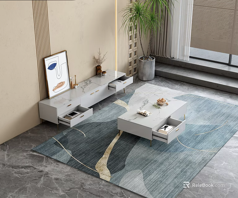 Modern Living Room Coffee Table with Storage Drawers and Area Rug Near Decorative Plant 3d model 