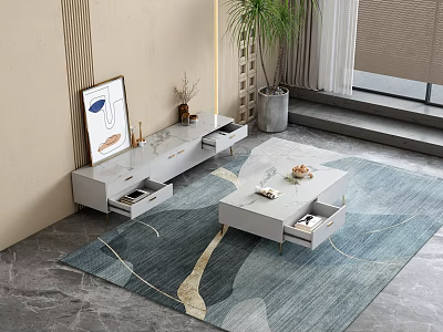 Modern Living Room Coffee Table with Storage Drawers and Area Rug Near Decorative Plant 3d model