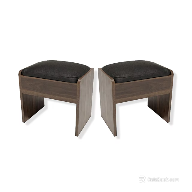 Modern Sofa Stools With Black Leather Seats And Wooden Frames Design 3d model