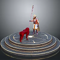 Warrior Figure With Spear Standing By Red Creature On Circular Tiered Platform 3d model