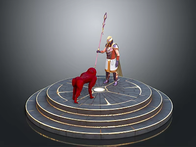 Warrior Figure With Spear Standing By Red Creature On Circular Tiered Platform 3d model