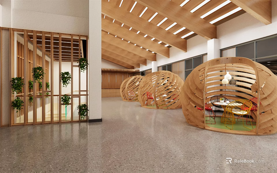 Modern Lounge Area Interior With Wooden Circular Pods Green Plants And Pendant Lights 3d model 