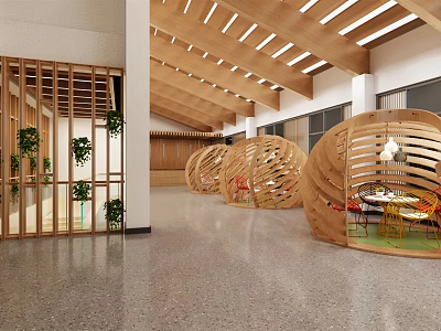 Modern Lounge Area Interior With Wooden Circular Pods Green Plants And Pendant Lights 3d model
