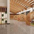 Modern Lounge Area Interior With Wooden Circular Pods Green Plants And Pendant Lights