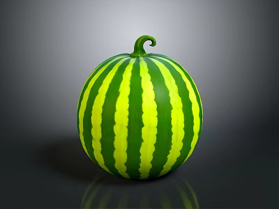 Fresh Round Watermelon With Green Yellow Stripes And Curved Vine Top For Household Use 3d model