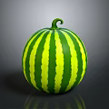 Fresh Round Watermelon With Green Yellow Stripes And Curved Vine Top For Household Use