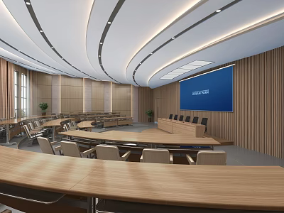 Modern Conference Room With Curved Ceiling Wooden Walls Large Screen And Meeting Tables Chairs 3d model
