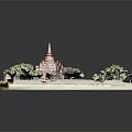 Ancient Architecture Model Featuring Red Pagoda Surrounded By Green Trees And Enclosure 3d model