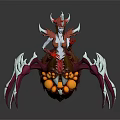 Mythical Spider With Red Purple Exoskeleton Spiked Legs Crown Like Horns And Orange Abdominal Spots