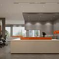 Modern Specialty Store Interior With Orange Accent Wall Wooden Reception Desk Green Plants And Shelves