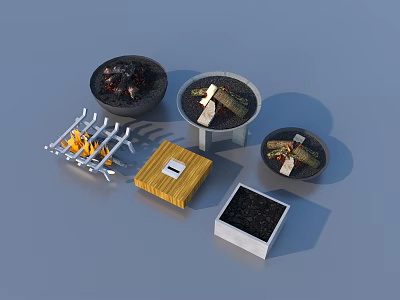 Outdoor Living Supplies With Fire Pits Metal Grill And Wooden Storage Boxes 3d model