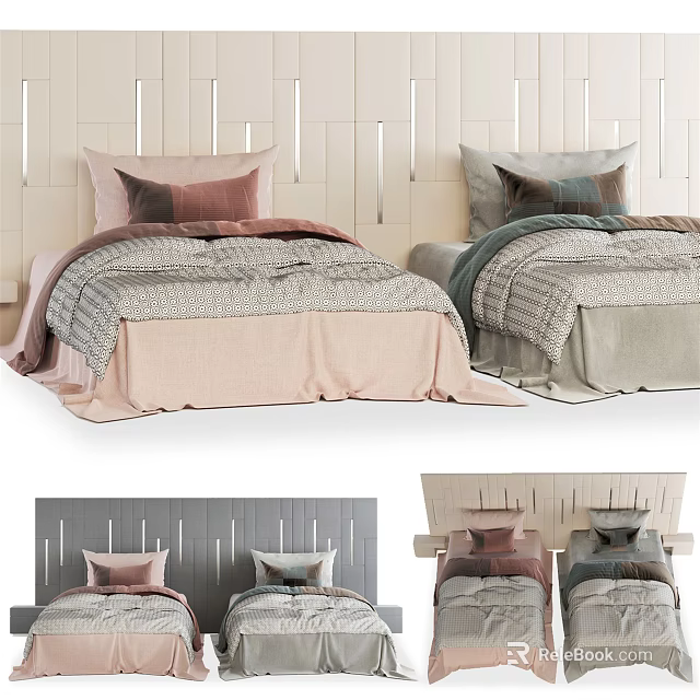 Modern Single Bed with Pink Gray Bedding and Decorative Pillows on Wooden Wall 3d model 