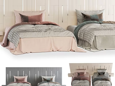 Modern Single Bed with Pink Gray Bedding and Decorative Pillows on Wooden Wall 3d model