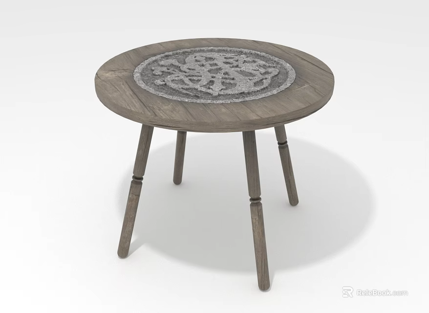 Round Wooden Table With Decorative Central Pattern And Three Legs Design 3d model 