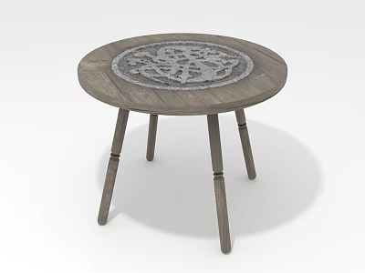 Round Wooden Table With Decorative Central Pattern And Three Legs Design 3d model
