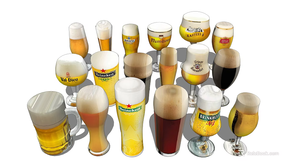 Various Beer Glasses And Bottles With Foam Different Beer Colors And Brand Labels 3d model 