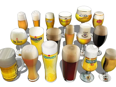 Various Beer Glasses And Bottles With Foam Different Beer Colors And Brand Labels 3d model
