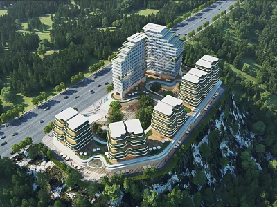 Modern Hilltop Office Building Complex With Lush Forest Surroundings And Road Access 3d model