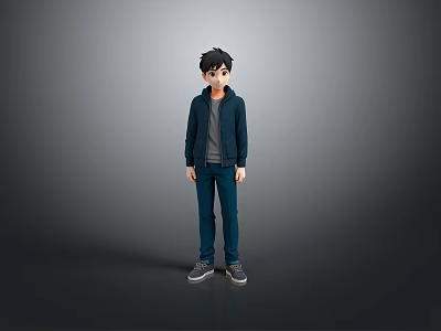 3D Character Model Of Boy In Dark Blue Jacket Gray Shirt Blue Pants Gray Shoes 3d model