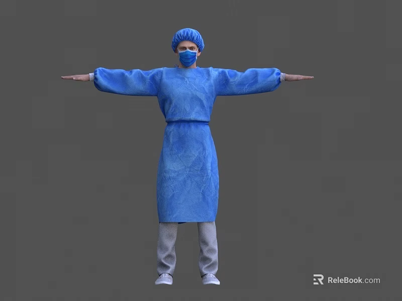 Man in Blue Protective Gown Cap and Mask with Arms Outstretched on Gray Background 3d model 