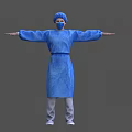 Man in Blue Protective Gown Cap and Mask with Arms Outstretched on Gray Background