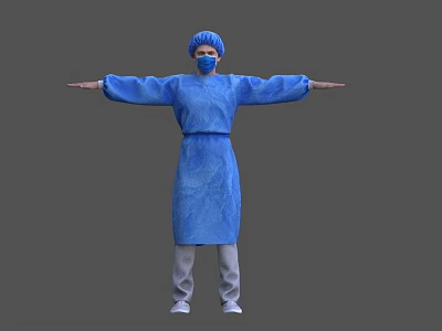 Man in Blue Protective Gown Cap and Mask with Arms Outstretched on Gray Background 3d model