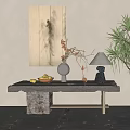 Natural Style Decorative Ornament Set on Stone Bench with Vase Lamp Wall Painting and Plant