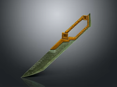 Green Blade Orange Handle Knife With Geometric Design And Decorative Patterns 3d model