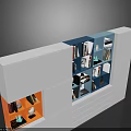 Modern White Bookcase Featuring Orange Compartment Multiple Shelves With Books And Decorative Items 3d model
