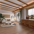 Hotel Guest Room With Wooden Ceiling Beams Hanging Macrame Decor Large Bed And Wooden Flooring
